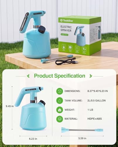 TaskStar Electric Spray Bottle 2L/0.5 Gallon, Battery Powered Garden Sprayer Up to 7.5 Hours Long Battery Life with Fast Charging, Automatic Mister Spray Bottle for Plant with Independent Water Inlet - color: Blue