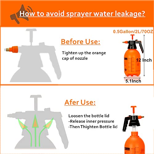 2 Pack Pump sprayers in Lawn and Garden, 2L Handheld Garden Pump Sprayer 0.5 Gallon Water Mist Spray Bottle for Plants, Weed Sprayer with Adjustable Brass Nozzle (2L Orange)