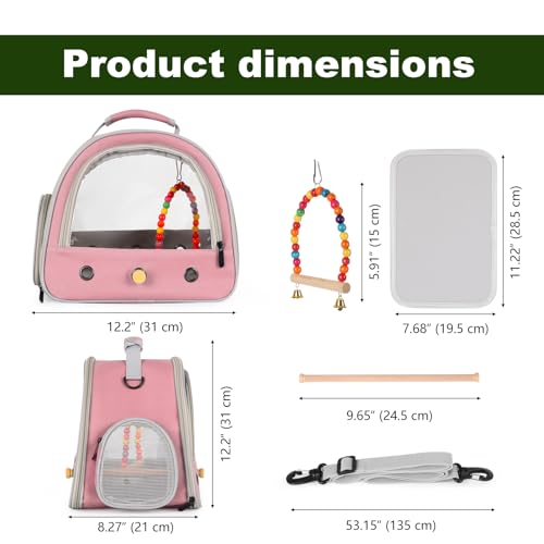 Portable Parrot Travel Cage Carrier with Small Swing Toy&Cage Colorful Toys Set Small Bird Parakeet Bag with Standing Perch Bird Carry Transport Bag (Pink, Carrier/Swing) - color: Pink, size: 12.0"L x 7.0"W x 12.0"H