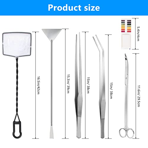 7 in 1 Aquarium Aquascape Tool Kit 15 inch, Aquatic Plant Extra Long Aquascaping Tool for Aquarium Fish Tanks Clean Accessories Set with Silver Tweezer Scissor Spatula, Fish Net, PH Paper, Bag