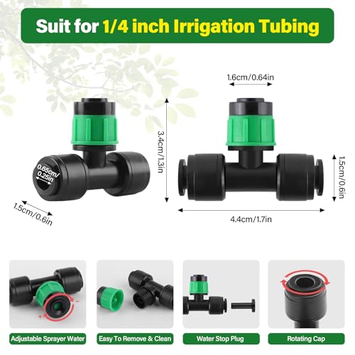 Kalolary 30Pcs Push-to-Fit Drip Irrigation Emitters for 1/4" Tubing | Adjustable 360 Degree Vortex Drip Emitters,Irrigation Dripper Sprinklers with 6PCS Plugs for Garden Irrigation System(Green) - size: 1/4” Push-to-Connect Tee- Vortex- 30P Green