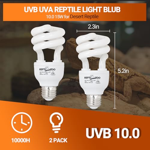 REPTI ZOO UVB Light for Desert Reptile 2 Pack, 10.0 15W UVA UVB Reptile Light Bulb, UVB Lamp for Bearded Dragons Tortoises Lizards Snakes - size: 10.0 15W