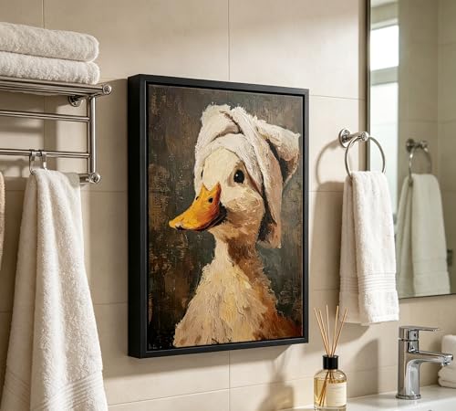 Funny Duck Bathroom Wall Art, Cute Duck with Towel Framed Canvas Wall Decor, Vintage Oil Painting Style Print for Bathroom, Restroom, Toilet, 8x10 Inch - color: Duck, size: 10"L x 8"W