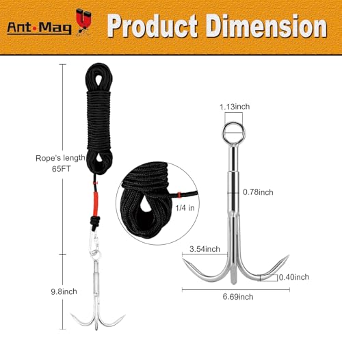 Ant Mag Grappling Hook with Claw Tips, Heavy Duty Stainless Steel Carabiner | Strong Grappling Hook for Camping, Hiking, Tree Climbing, Water Retrieval, Salvage Operations, Rugged Outdoor Rescue Gear - color: Black, size: X-Large