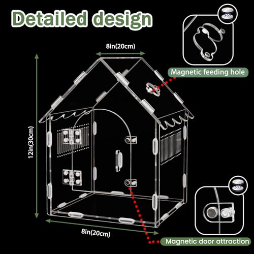 Acrylic Jumping Spider Enclosure 8x8x12 with Magnetic Lock | magnetic door lock, feeding port, front access, and sloped webbing roof - color: transparent