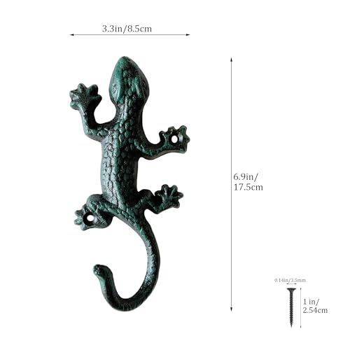 Rustic Gecko-Shaped Decorative Wall Hook Rack Hangers for Hanging Clothes, Coats, Towels, Keys, and Hats, 2-Pack Antique Cast Iron Mounted Wall Hooks - color: Gecko