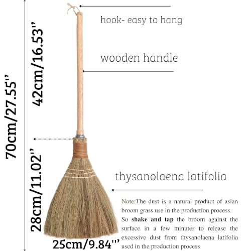 Small Natural Whisk Sweeping Hand Handle Broom - Vietnamese Straw Soft Broom for Cleaning - Decoration Items - Indoor - Outdoor - 9.84'' Width, 27.55" Length - color: Wrapped