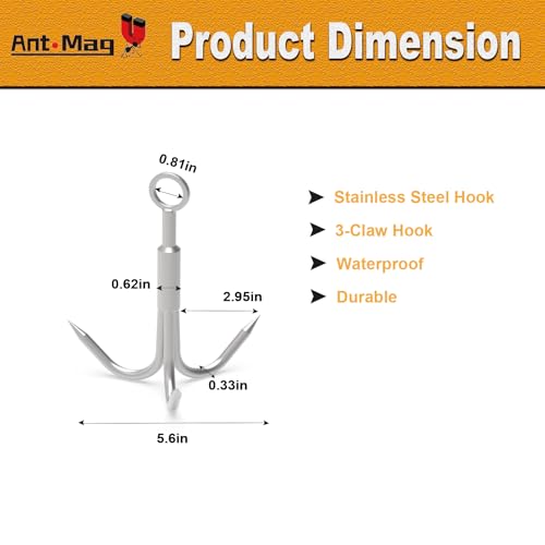 Ant Mag Grappling Hook with Claw Tips, Heavy Duty Stainless Steel Carabiner | Strong Grappling Hook for Camping, Hiking, Tree Climbing, Water Retrieval, Salvage Operations, Rugged Outdoor Rescue Gear - color: Silver, size: Large