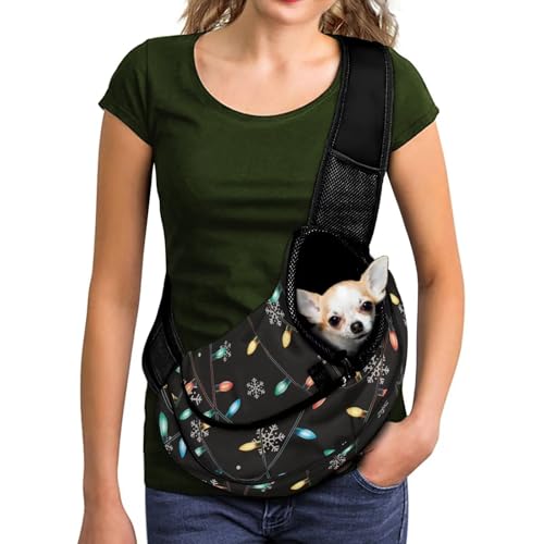 COEQINE Dog Sling Carrier for Small Dogs Christmas Lights Decor Black Hands Free Pet Crossbody Purse for Women Men Walking Birthday Gifts for Pey Lover - color: Christ mas Lights Black
