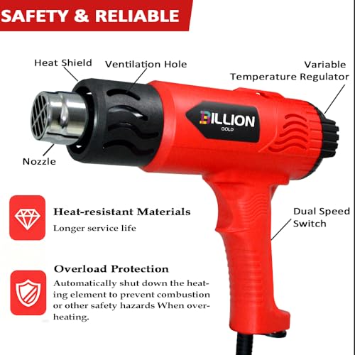 1800W Heat Gun - BILLION GOLD 3D Grip Heavy Duty Hot Air Gun 120℉-1200℉ | Fast Heat Dual Temp Kit with 4 Nozzles, Overheat Protection For Resin Craft, Paint Removal, Heat Shrink Tubing & Diy Crafts