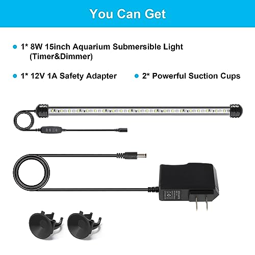 DaToo 8W 15inch Submersible Aquarium Light Underwater Fish Tank Light LED Aquarium Light Bar with Timer Auto On/Off and Dimmer Adjustable Brightness, 1 Yr Warranty - size: 8W 15inch (With Timer&Dimmer)