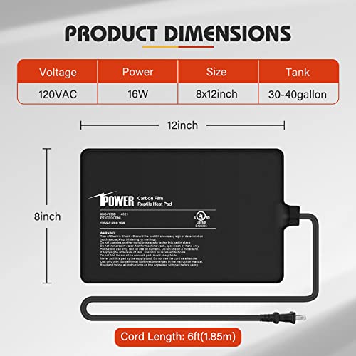 iPower 8X12 Inch 16W Under Tank Heater Warmer, 30-40 Gallon Terrarium Heat Mat for Hermit Crab/Turtle/Snake/Lizard/Gecko/Frog/Spider, Plant Box or Other Small Animals - size: 8 X 12 Inch, style: 1 Pack
