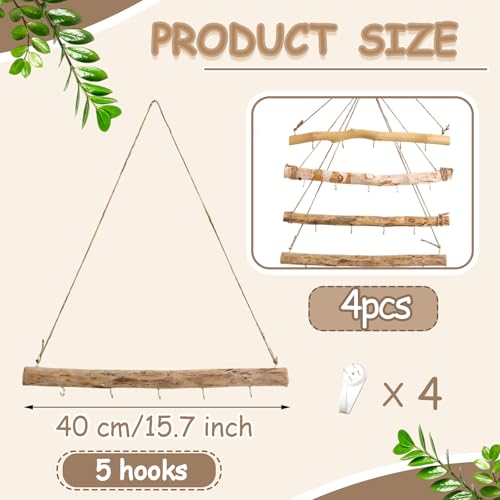 4 Pcs 15 Inch Driftwood Wall Hanging and Jewelry Hanger Hanging | Driftwood Decorative Farmhouse Vintage Wooden Hook Handcrafted Natural Drift Wood Pieces for Crafts Jewelry Organizers
