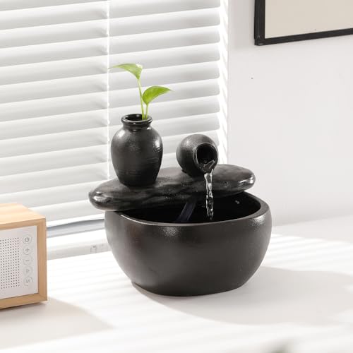 Ceramic Tabletop Fountain for Indoor and Home Decoration Table Desk Office Patio (Ceramic Pot Fountain) (Black)