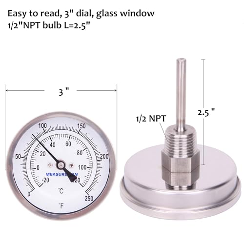 MEASUREMAN Fully Stainless Steel Pot, Kettle, Brewing Bimetal Thermometer, 3" Dial, 2-1/2" Stem, 0-250 deg F/-20-120 deg C, -1% Accuracy, Adjustable, 1/2" NPT Back Mount (2 Pack) - size: 0-250 deg F/-20-120 deg C, style: 2-1/2" Stem 2pc