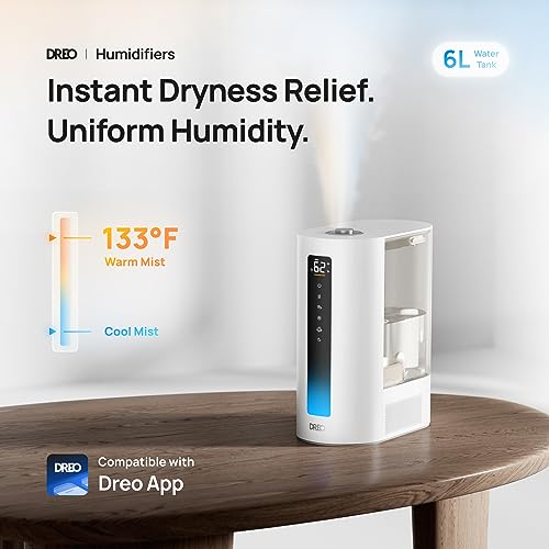 DREO 6L Smart Humidifiers for Bedroom, Warm & Cool Mist for Large Room | 60-Hour Quiet Runtime, 500ML/H Output, Smart Humidity Sensor, Indicator Light, App Control, Works with Alexa & Google, White - color: Grey