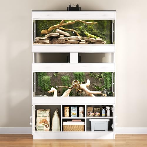 Dual 120 Gallon Reptile Tank with Stand,4x2x2 Reptile Enclosure | Bearded Dragon Tank,Reptile Terrarium with Cabinet,Sliding Doors for Snakes,Lizards,Built-in Power Outlet White CAGE002E - color: Vintage White, size: 120 Gallon+120 Gallon
