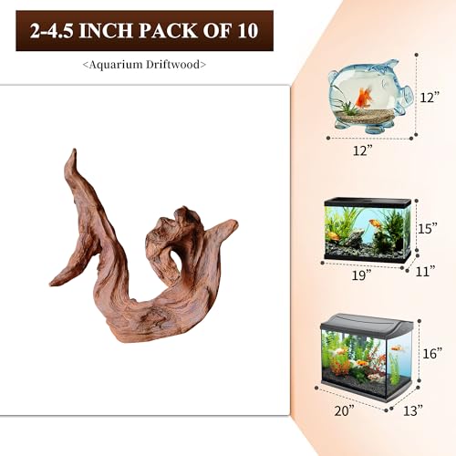 majoywoo Natural Small Driftwood for Aquarium Decor Reptile Decor | Assorted Driftwood Branch 2-4.5" 10 Pcs, Natural Driftwood for Aquascaping and Reptile Decor, Fish Tank Decorations - size: Mopani Driftwood 2 to 4.5 Inch (Pack of 10)