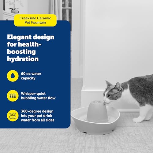 PetSafe Ceramic Pet Fountain – for Cats and Small Dogs – 60 Oz Water Capacity – Whisper-Quiet Water Flow – Great for Shy or Timid Pets – Fresh, Filtered Water - style: Creekside