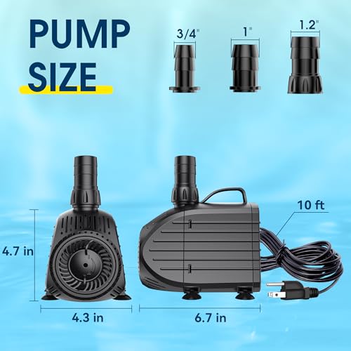 Ultra Quiet Submersible Water Pump 1200GPH Size 6.7Lx4.3Wx4.7H in | 100W Pond Pump with Dry Burning Protection, 10ft Cord, 11ft High Lift for Fountains, Waterfall, Hydroponics, Aquariums KF208 - size: 1200GPH