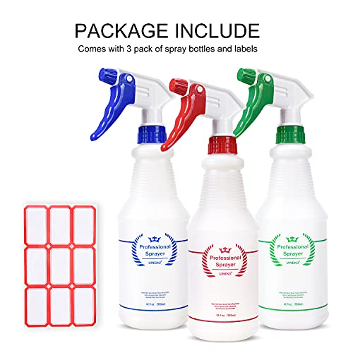 Uineko Plastic Spray Bottles 3 Pack, 32 Oz, Heavy Duty Sprayer, All-Purpose | Chemical Resistant, Mist & Stream, Leak-Proof, Better Trigger, Measurements, for Cleaning Solutions, Planting, Car Detailing - size: 32 Oz, 3 Pack