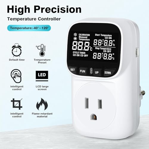KABASI Digital Temperature Controller, Only Fahrenheit Dispaly with Sensor | Heavy Duty 15A Thermostat Outlet, Heating Cooling Control Timer Plug Socket for Greenhouse Refrigerator Terrarium Aquarium