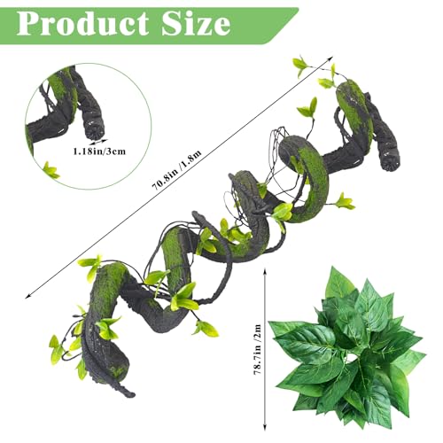 VCEPJH Medium Reptile Vines Thick Terrarium Plants 70 Inches Long Flexible Climbing Branch with Leaves Snake Tank Accessories Greenery Habitat Decor for Bearded Dragon Chameleon Gecko Lizard (Black) - color: Black Reptile Vines (Lengh:70" Dia: 1.2 In)