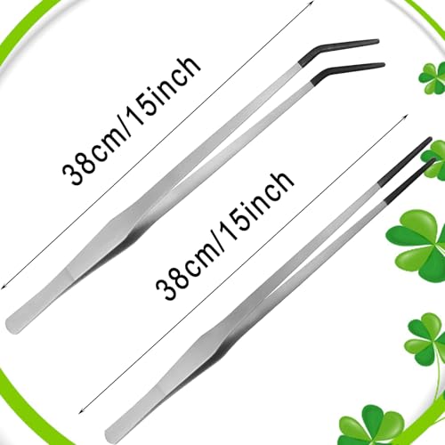 2Pcs Reptile Feeding Tong with Rubber Tip Aquarium Tweezers Stainless Steel Straight Curved Feeding Tong Long Handle Terrarium Feeder Tool for Tank Lizards Bearded Dragon Spider Snake (Silver, 15Inch) - size: 15Inch