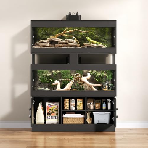Dual 60 Gallon Reptile Tank with Stand,Reptile Enclosure | Bearded Dragon Tank Reptile Terrarium with Cabinet,Sliding Doors,Power Outlet for Snakes,Lizards,Crested Black CAGE003B - color: Black, size: 60 Gallon+60 Gallon