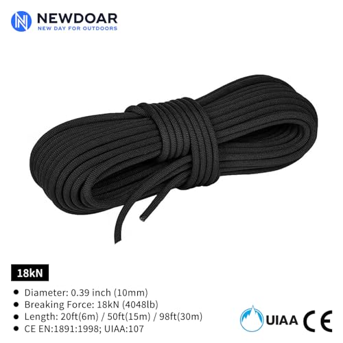 10mm(3/8inch) Accessory Cord Rope CE 24KN Double Braid Pre Cut for Outdoor Survival, Mountaineering, Prusik,Hauling Dragginge(Black 10mm,20FT) - color: Black, size: 3/8 in x 20 ft