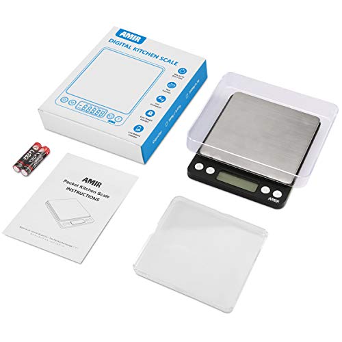 AMIR Digital Kitchen Scale, 3000g 0.01oz/0.1g Pocket Cooking Scale, Mini Food Scale, Pro Electronic Jewelry Scale with Back-Lit LCD Display, Tare & PCS Functions, Stainless Steel, Black - color: Black