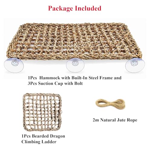 Bearded Dragon Hammock with Built-in Steel Frame, Easy One-Side Mount Reptile Hammock, Flat-Stable Seagrass Lizard Bed & Climbing Ladder for Bearded Dragon Tank (Rectangular Hammock)