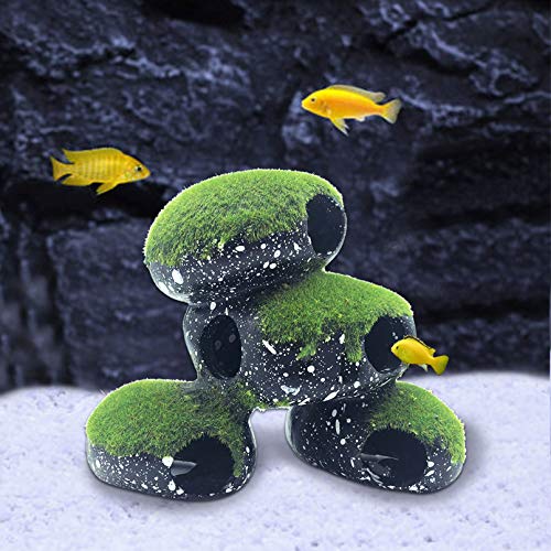 PINVNBY Stone Aquarium Hideaway Decoration Resin Cichlids Rock Decor with Artificial Moss Betta Cave Hideout Shelter Tunnel Fish Tank Ornament for Shrimp,Short Bream and Crayfish(L)