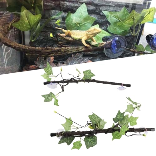 Reptile Corner Branch, 2 pcs Plastic Strong Durable Imitation Bendable Jungle Climbing Vine Suction Cup Design Flexible Terrarium Plant Decoration for Amphibian Lizard Snake Gecko Bearded Dragon Cage
