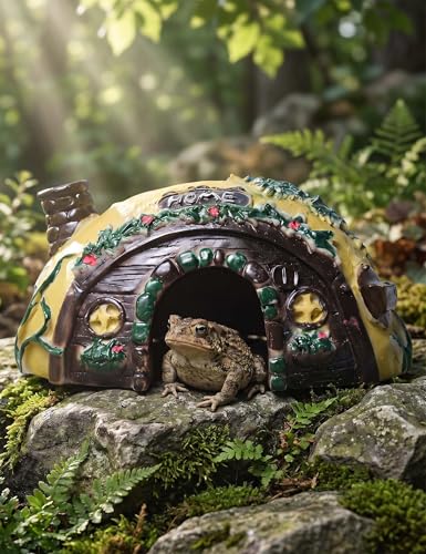 Toad House Resin Reptile Hideout Cave for Frogs Snakes | Yellow and brown half ellipsoid rock, durable habitat decor for garden indoor pet tanks, easy to clean open bottom shell