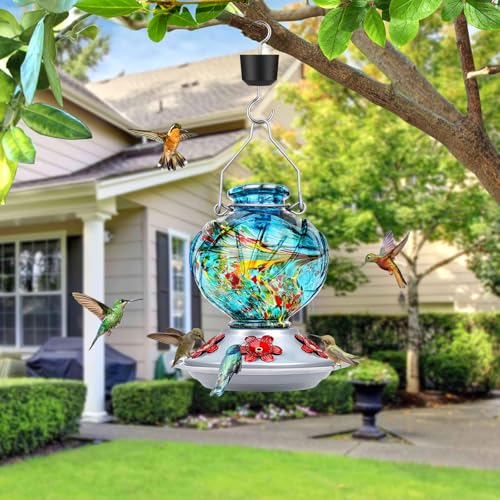 Hummingbird Feeders for Outdoors Hanging, Hand Blown Glass, Blue | 22oz, with Ant Moat, 5 Bee-Proof Ports, Leak-Proof, 360° Perch, Easy Refill & Clean, Garden Decor Gifts for Women Men Mom Dad - color: Blue