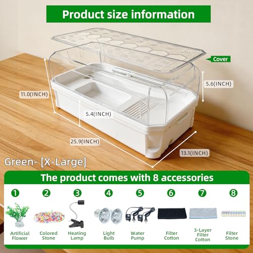 25.9 Inch Turtle Tank Kit with 3-Stage Filter, Basking Platform & Heat Lamp | Turtle Aquarium Habitat for Water Turtles, Enclosure or Hermit Crab Tank, Easy Drain Starter Kit White - color: White, size: 25.9x13.1x11.0 Inch