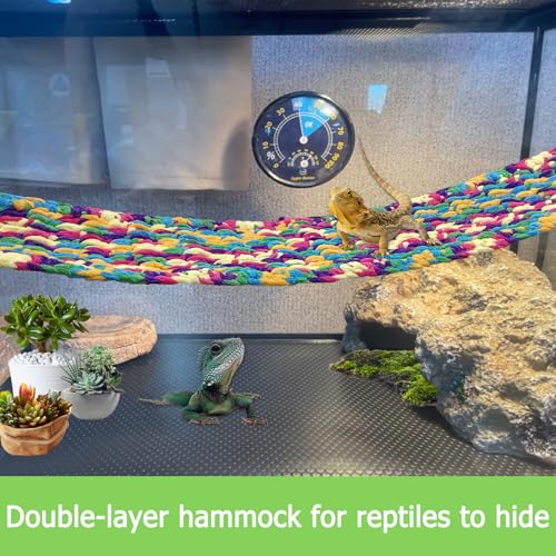 QWR 30" x 7" Hand-Knitted Soft Reptile Lizard Hammock,Lengthened Thicker Hammock for Bearded Dragon Tank Swing Hanging with Strong-Adhesive Hooks,Breathable Bed for Gecko Chameleon(Rectangular)