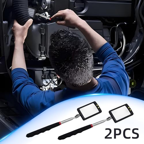2Pcs Telescoping Lighted Inspection Mirror, Extendable Inspection Mirror | 360° Rotation, Retractable Handle, Bright LED Lights, for Inspection Viewing Mechanic Checking