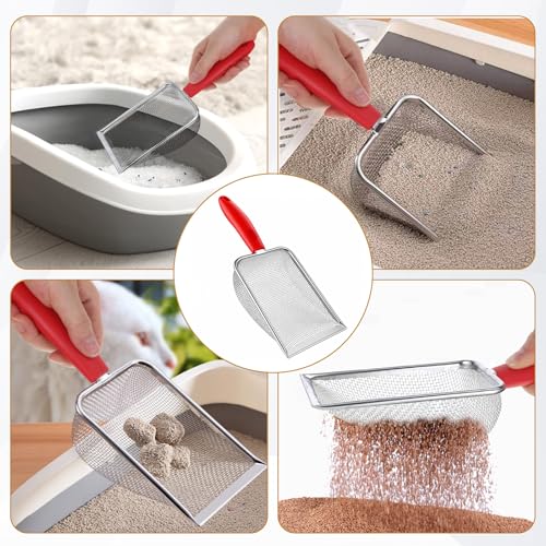 Fine Mesh Metal Reptile Litter Cleaner Scooper, Stainless Steel Mesh Litter Shovel, Black Non-Slip Handle Sifter for Lizard Substrate Reptile Terrarium Sand Waste, Red