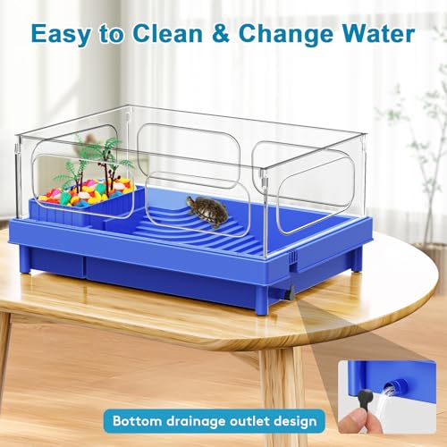 Small Turtle Tank Kit with Light and Filter for Baby Turtles | Blue Clear-Panel Habitat, with Basking Platform, Easy-Clean Starter Aquarium with Bottom Drain - color: Blue, size: Small Tank Complete Kit