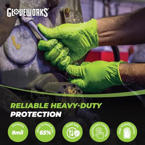 GLOVEWORKS Green Nitrile Gloves 8 Mil Heavy Duty Texture Chemical Resistant | Mechanic and Cleaning Gloves, Suitable for Heavy Duty Industrial Use, Chemical Resistant, HIgh-Visibility Color, Bulk Options - size: Medium, style: 2 Boxes of 100