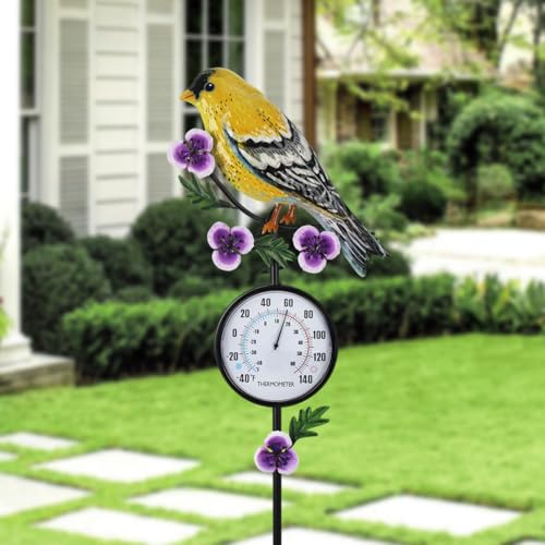 Hummingbird Outdoor Thermometer | 35" Tall Outside Thermometer with Garden Stake, No Battery Needed Wall Thermometer for Yard Patio Decor - color: Yellow Hummingbird