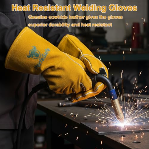 Welding Gloves Heat Resistant Leather Fire Gloves 14 In Yellow | Welders Gloves for MIG TIG Stick, Grill Gloves Mitts for BBQ,Oven,Forge,Fireplace,Fire Pit,Furnace,Wood Stove,Dry Ice,Baking - color: 14 Inches Yellow
