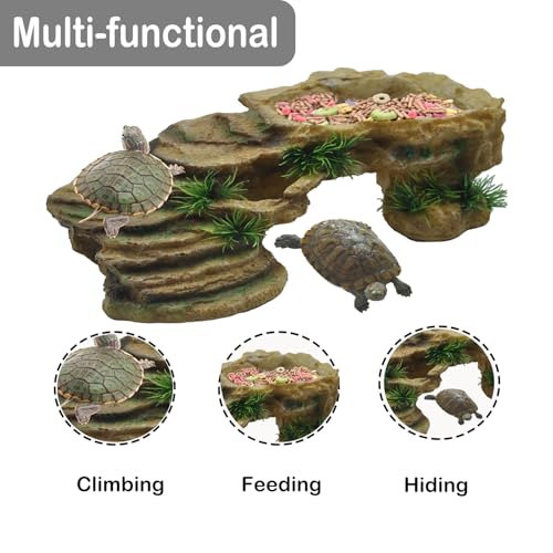 kathson Turtle Basking Platform,Tortoise Resin Climbing Rock Rectangular Resting Terrace Tank Accessories,Reptiles Dock Hide Cave Habitat Decoration for Bearded Dragon Lizard Geckos Spiders (3 PCS) - style: Rustic