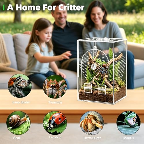 Cycodo Jumping Spider Enclosure,Seamless Escape-Proof Tarantula Terrarium,Anti-Warp Thickened Acrylic Insect Cage with Front Door & Feeding Port for Mantis,Hermit Crabs,Snail,Micro Reptile,5 * 5 * 8"