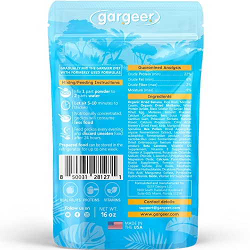 Gargeer 16oz Gentle Geck Mulberry Diet - Crested Gecko Food. Made in USA | Expert-crafted superfood! Infused with organic mulberry, wild insect proteins & probiotics. No soy, wheat, or fillers - size: 1 Pound (Pack of 1)