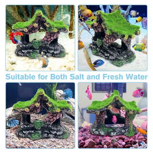 Hamiledyi Resin Hollow Hideout House for Aquarium Decoration Fish Tank Accessories Betta Cave with Lifelike Moss for Shrimp Fish Shelter - style: Pavilion