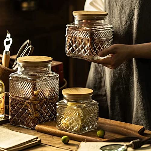 Glass Storage Container Jars with Lid Set 3-Piece Jars in 60 oz/40 oz/20 oz | Square Vintage Embossed Canisters, Food Cereal Storage Containers with Bamboo Lid, Glass Jars for Kitchen Counter and Pantry