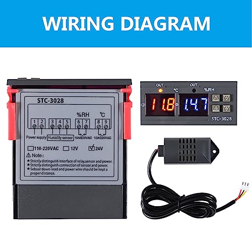STC-3028 24V Temperature & Humidity Controller with Integrated Sensor, Dual Digital Display Thermometer Hygrometer, Incubator Controller - size: 24V